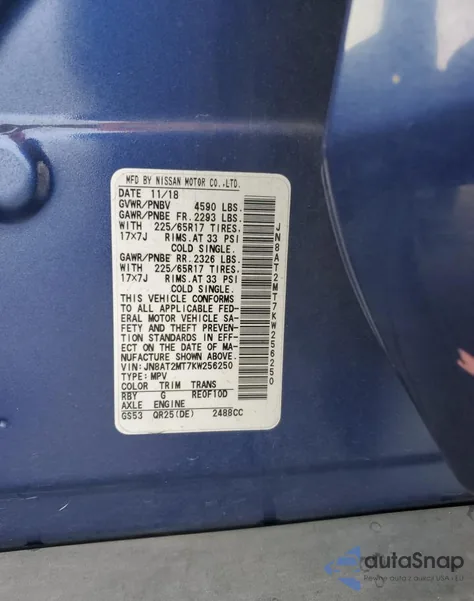 2019 Nissan Rogue S z USA, uszkodzony, nr VIN JN8AT2MT7KW256250